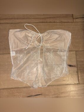 Sheer Lace Tie-Front Crop Top in Ivory